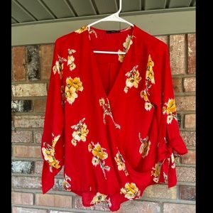 West Kei red floral wrap blouse